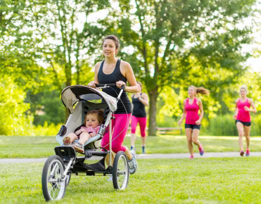 Jogging strollers are easily identified by their three wheel design.