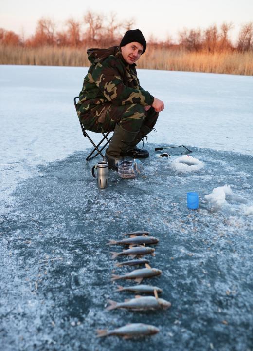 Ice fishing requires drilling a hole in a frozen pond or lake to fish in.